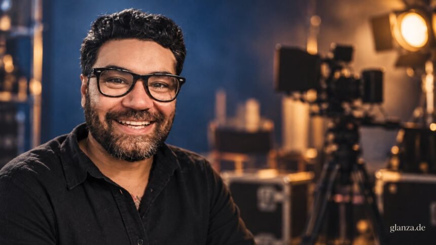Albert Omstead mit Brille vor einem redaktionell gestalteten Filmstudiohintergrund