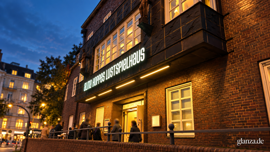 Alma Hoppes Lustspielhaus in Hamburg-Eppendorf mit beleuchteter Fassade