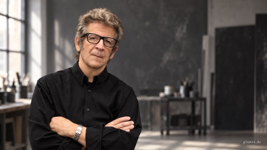Robert Longo mit schwarzer Brille vor einem künstlerisch gestalteten Atelierhintergrund