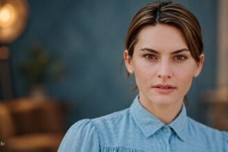 Romina Küper in hellblauer Bluse – KI-bearbeitetes redaktionelles Porträt