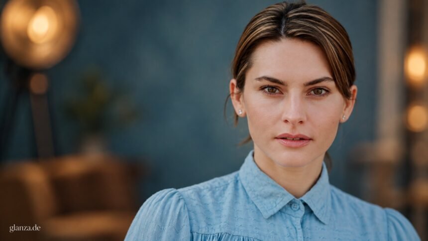 Romina Küper in hellblauer Bluse – KI-bearbeitetes redaktionelles Porträt