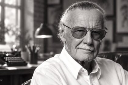 Stan Lee mit weißem Haar und getönter Brille in einem gestalteten Schwarz-Weiß-Porträt