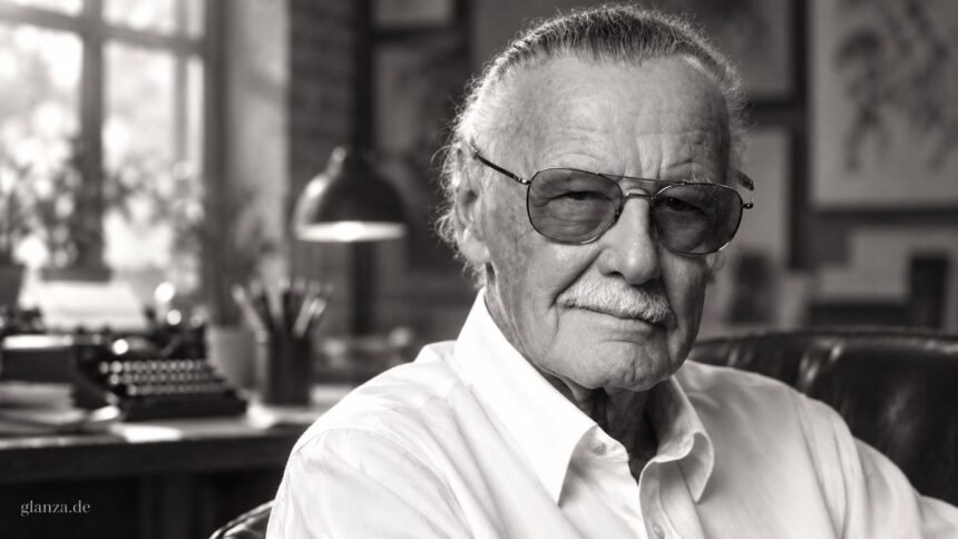 Stan Lee mit weißem Haar und getönter Brille in einem gestalteten Schwarz-Weiß-Porträt
